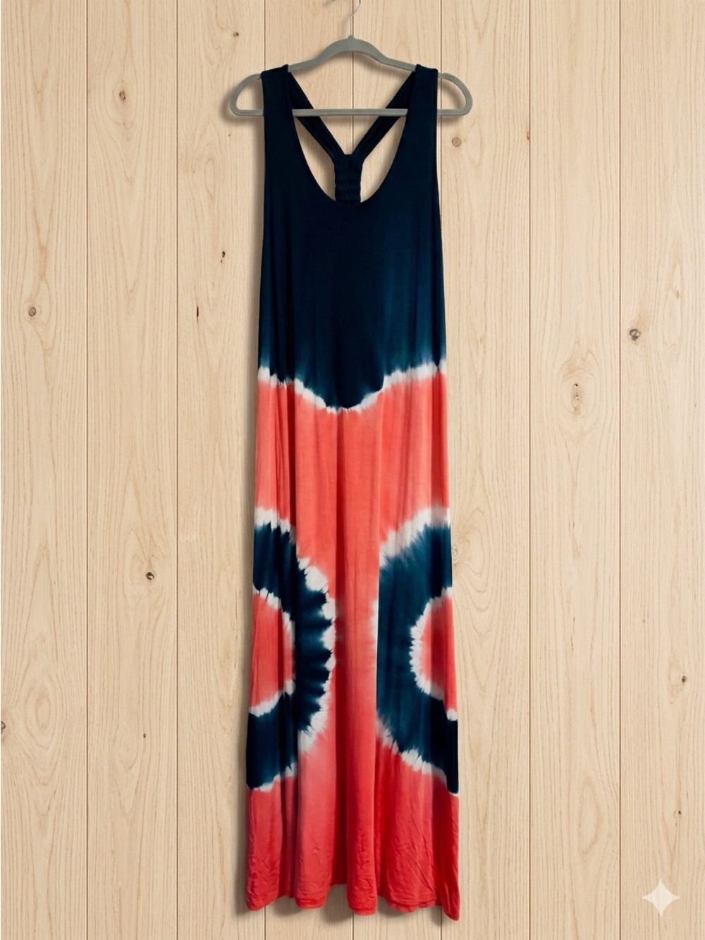 Sandiva Tie Dye Bohemian Maxi Dress Racerback Navy Coral Beach Jersey Soft Sz XL